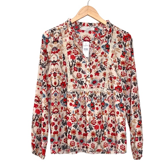 LOFT Forest Lace Trim Mixed Media Blouse - Picture 4 of 5